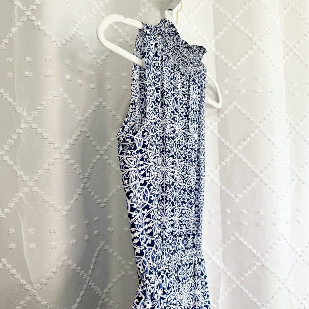 💎 ⭐️ 122. Shoshanna Blue White Silk Dress Size 10 Smocked Collar Elastic Waist - Picture 5 of 11
